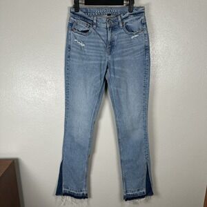 American Eagle 90s Low Rise Skinny Kick Jeans Womens 4Long Raw Hem Stretch Boho